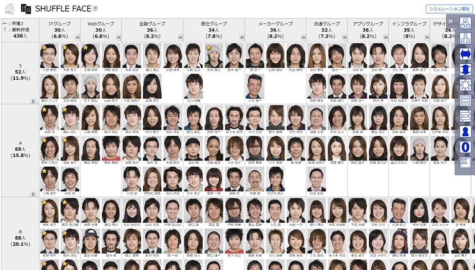 ▲SHUFFLE FACEの画面イメージ。縦軸・横軸を自分の知りたい切り口で自由に設定でき、必要な時に必要な視点で組織をマトリクス分析できます。※画像はサンプルイメージ。