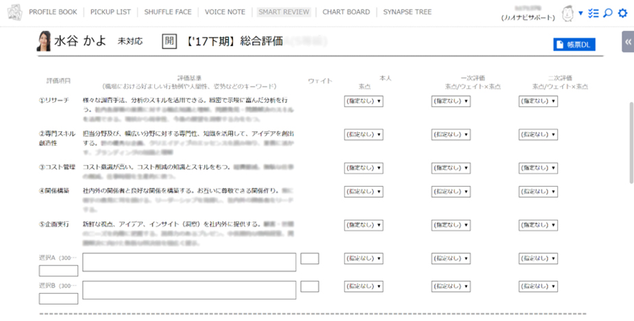 ▲ミュゼプラチナムのカオナビ使用画面【SMART REVIEW（行動評価）】
（※データは全て一例です。実際の社員情報や使用データとは関係がありません。）
