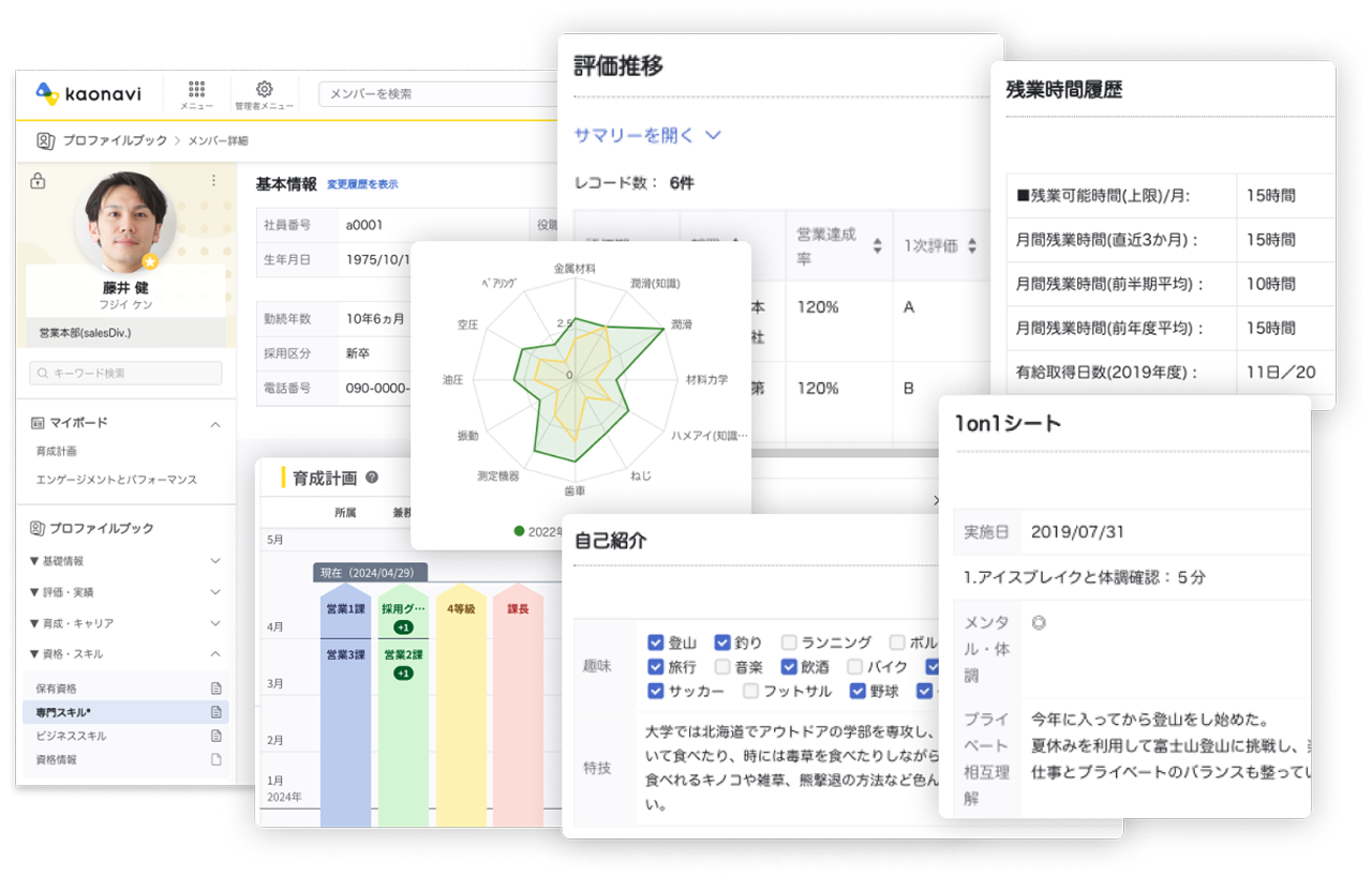 人材データベース機能：プロファイルブック。企業にあわせたオリジナルのデータベースを作成できる。