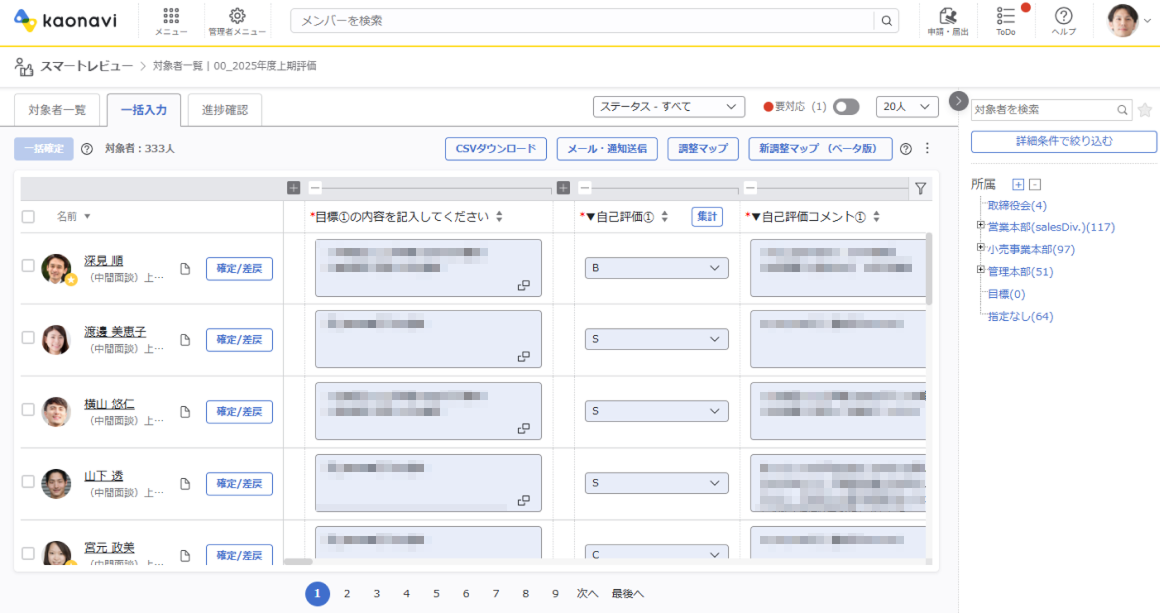 「スマートレビュー」の画面イメージ。従業員ごとの入力状況を一覧で見られる