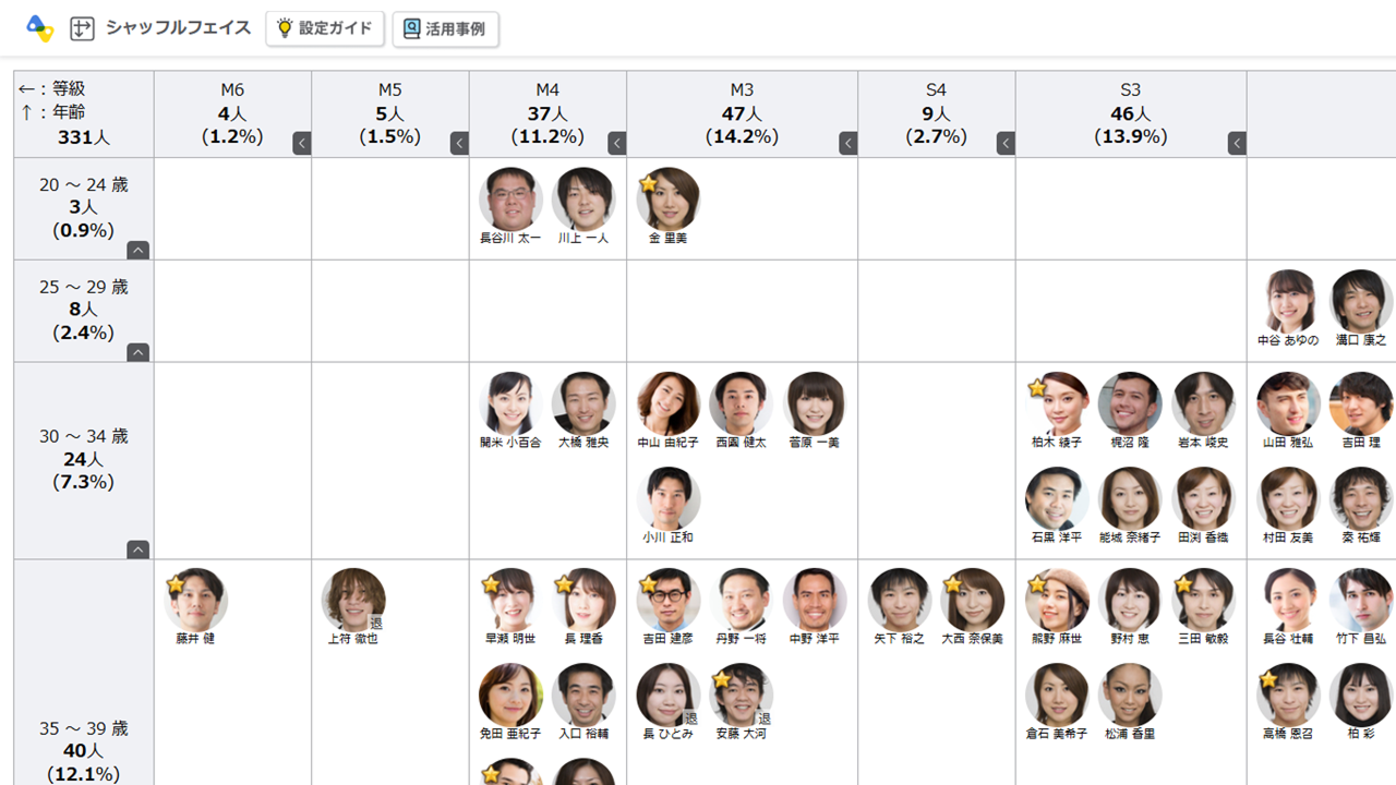 シャッフルフェイスの画面イメージ。任意の項目でマトリクス図を作成できる