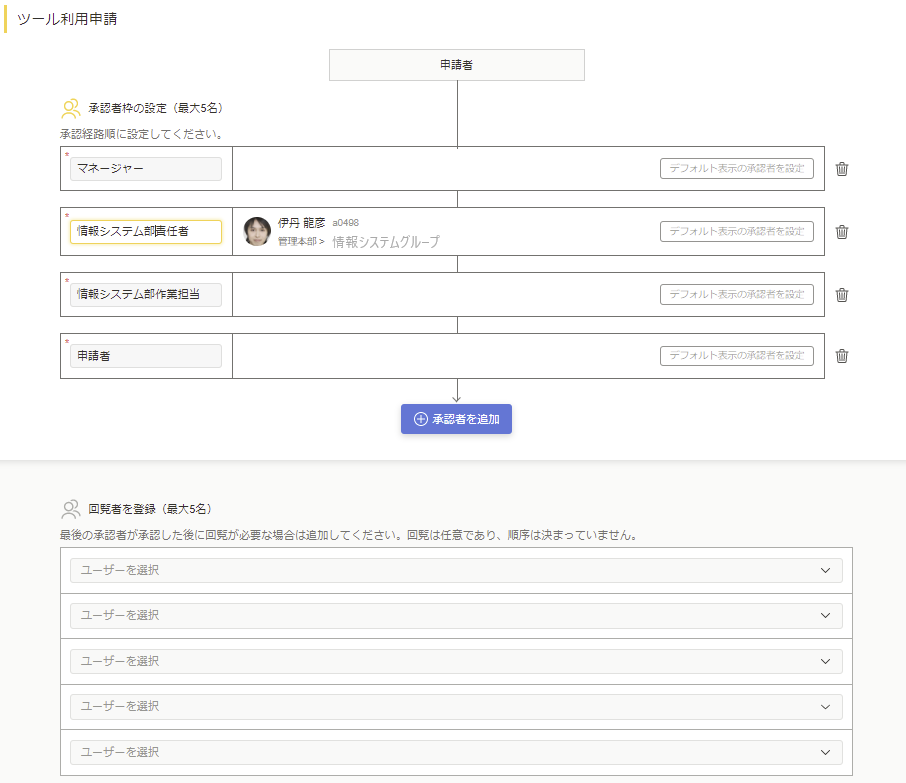 ワークフロー機能イメージ画面：承認者の設定が可能